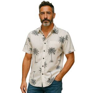 Blanc Du Nil Shirt Mens Large White Button Lightweight Palm Trees Hawaiian Beach